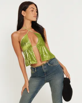 Runita Halter Top in Mini Sequin Lime Green