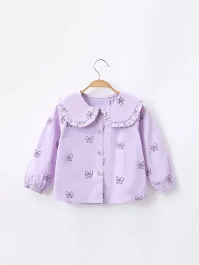 1pc/Set Toddler Girls' Sweet Bow Print Ruffle Collar Long Sleeve Blouse, Spring & Fall