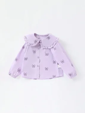 1pc/Set Toddler Girls' Sweet Bow Print Ruffle Collar Long Sleeve Blouse, Spring & Fall