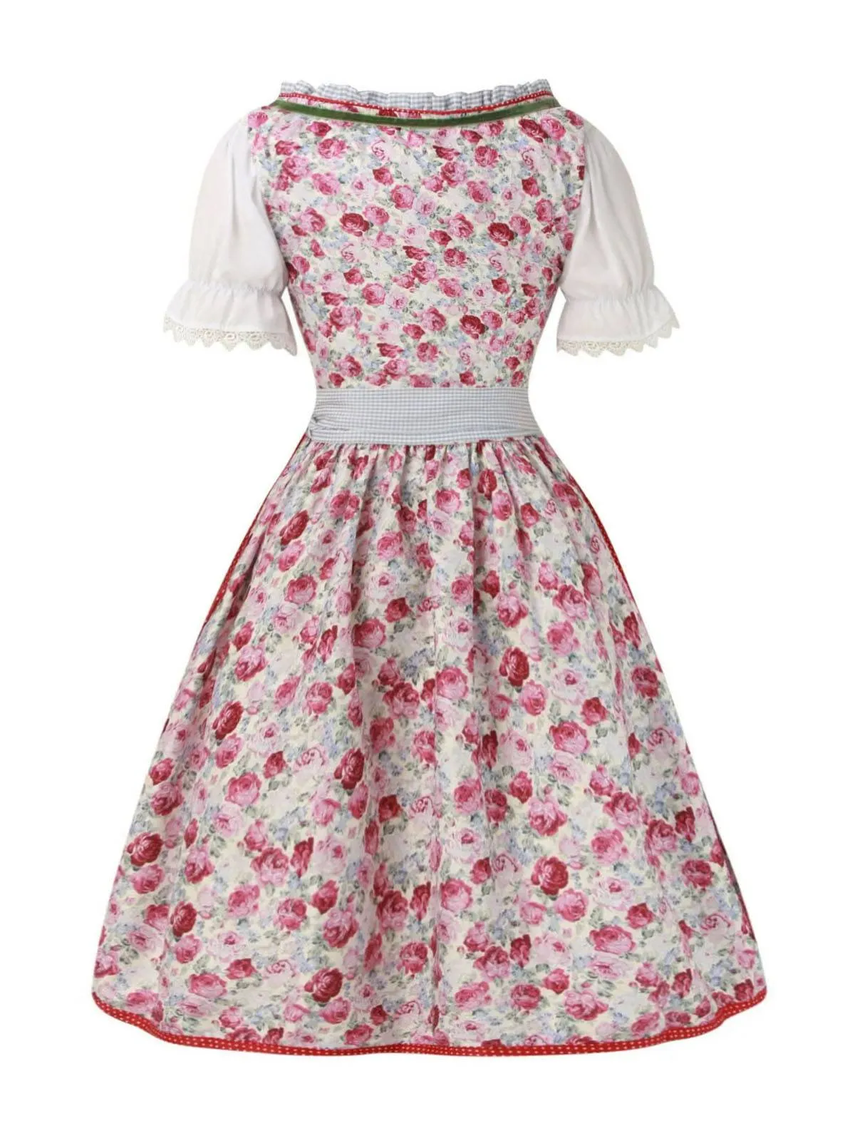 2PCS 1950s Oktoberfest White Top & Rose Dress & Red Apron