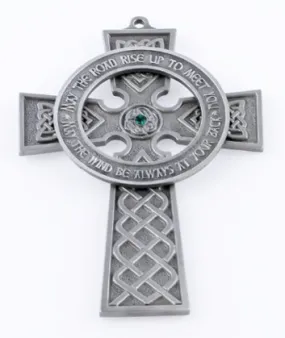 5" Celtic Cross With Green Crystal Center - Pewter Finish