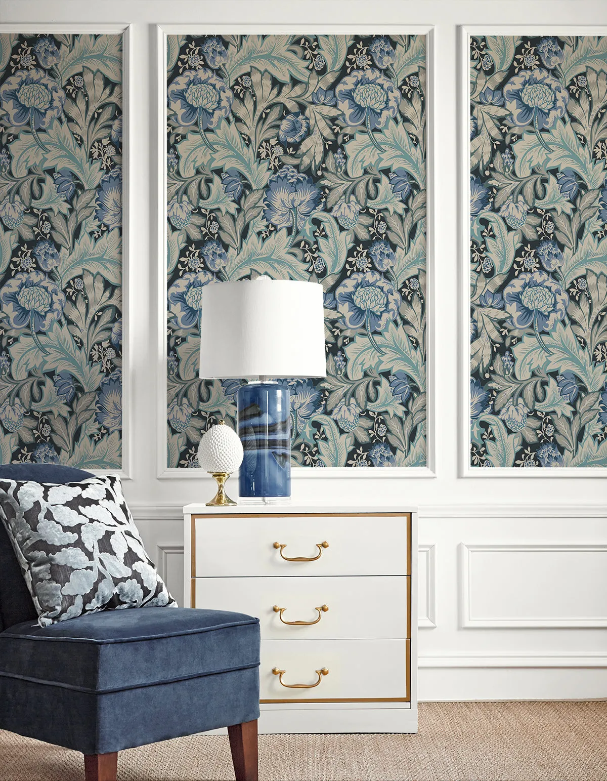 Acanthus Garden Wallpaper in Bluestone & Golden