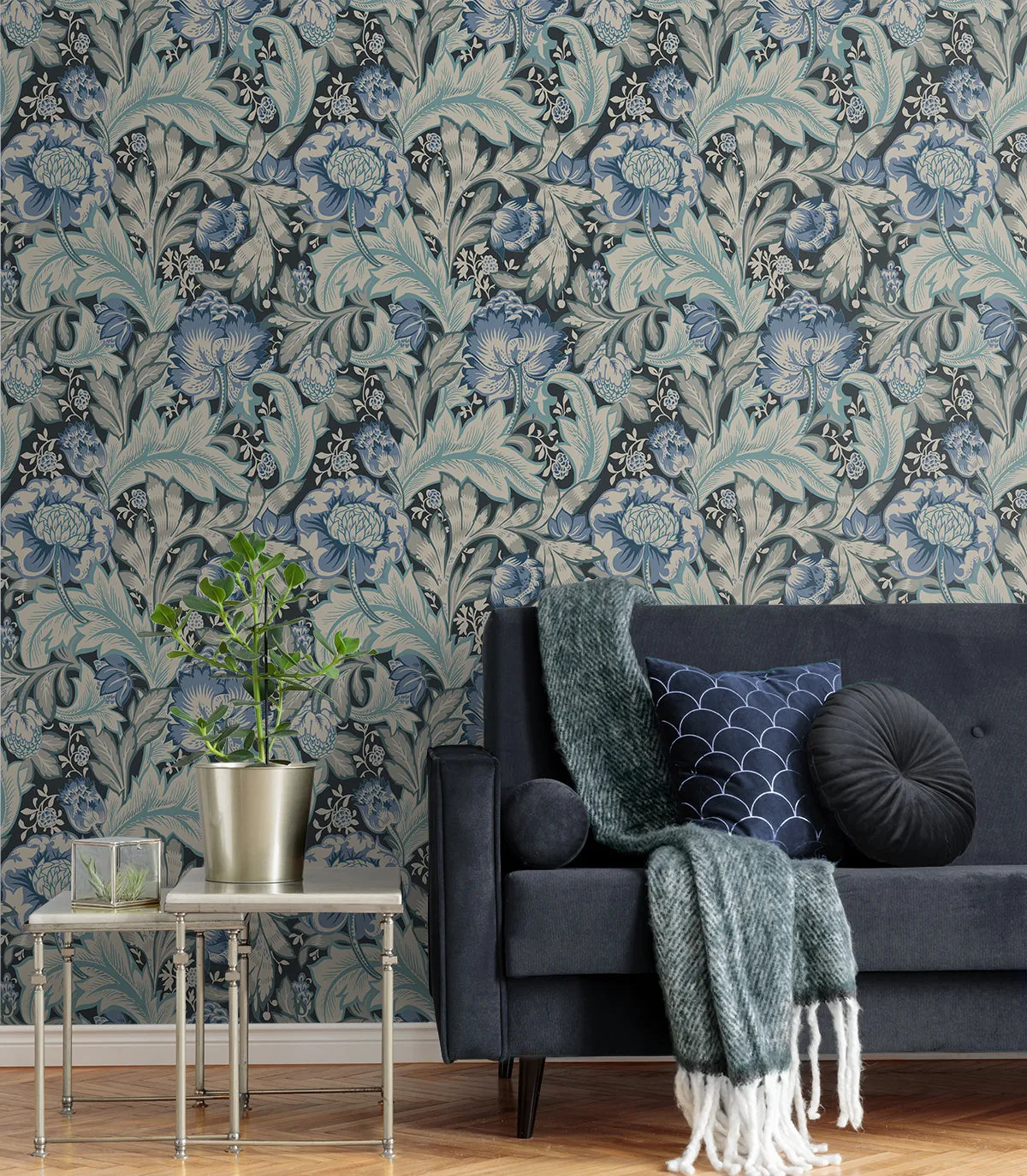 Acanthus Garden Wallpaper in Bluestone & Golden