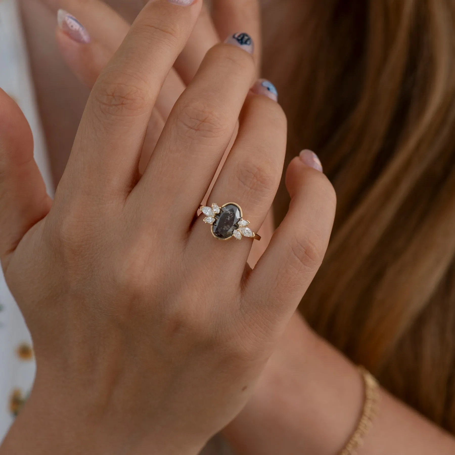 Black Tulip Oval Salt & Pepper Diamond Engagement Ring