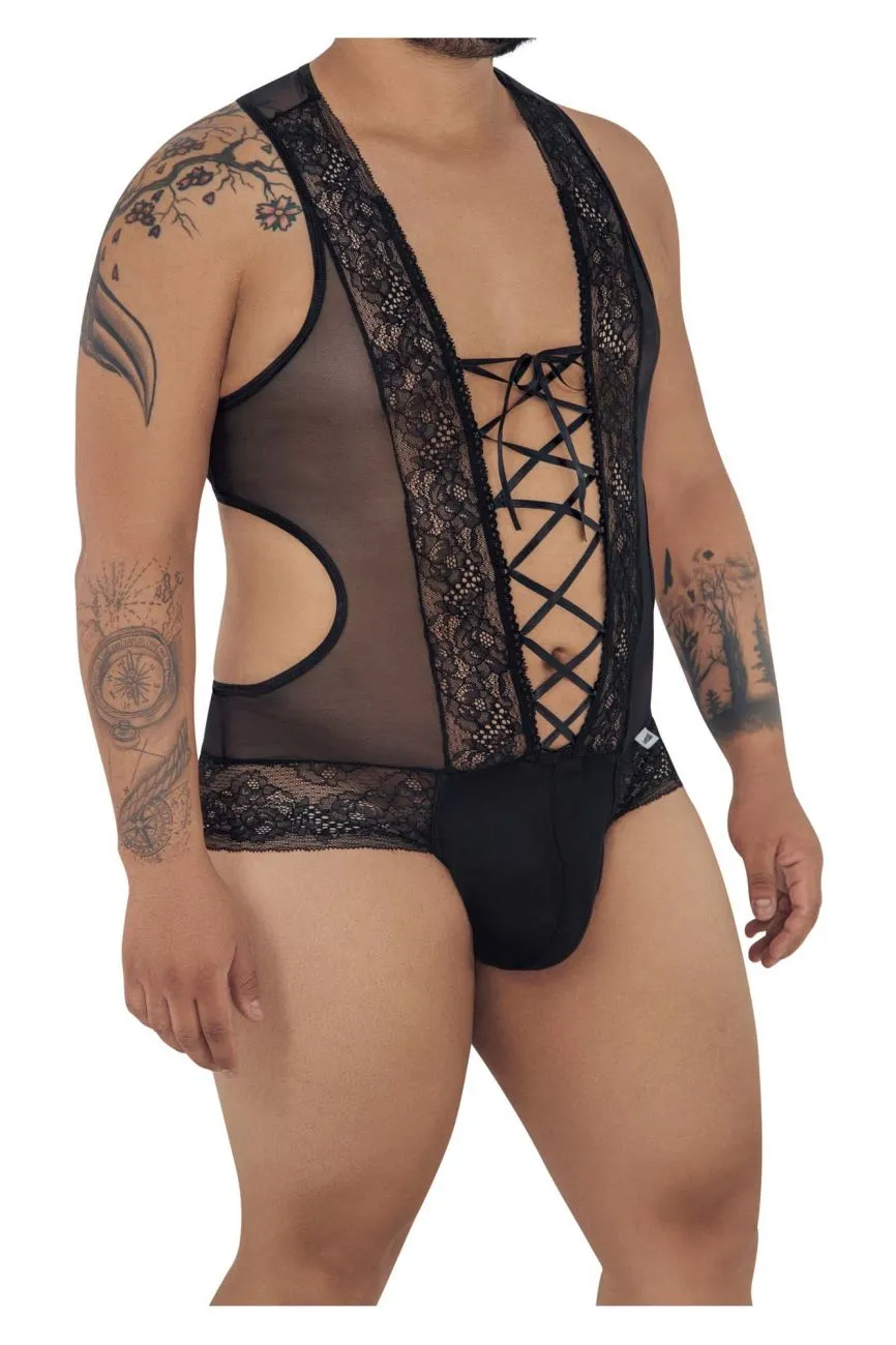 CandyMan 99557X Mesh-Lace Bodysuit Black Plus Sizes