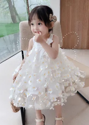 Casual White Floral Decorated Patchwork Tulle Girls Girls Dress Summer