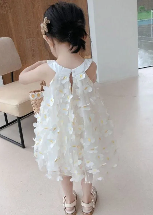 Casual White Floral Decorated Patchwork Tulle Girls Girls Dress Summer