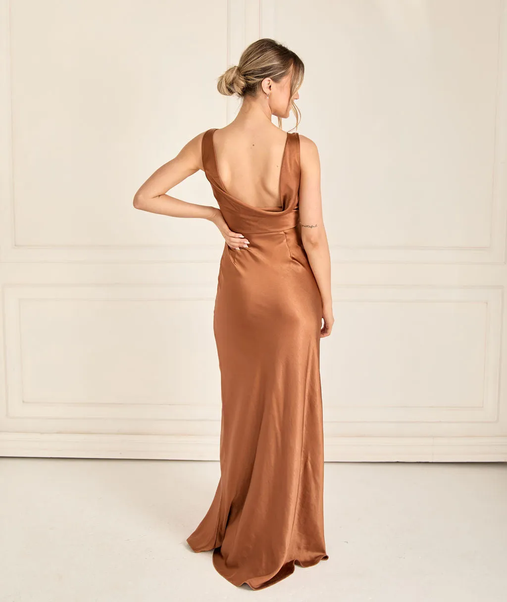 Cowl Back Satin Bridesmaid Dress - Rust