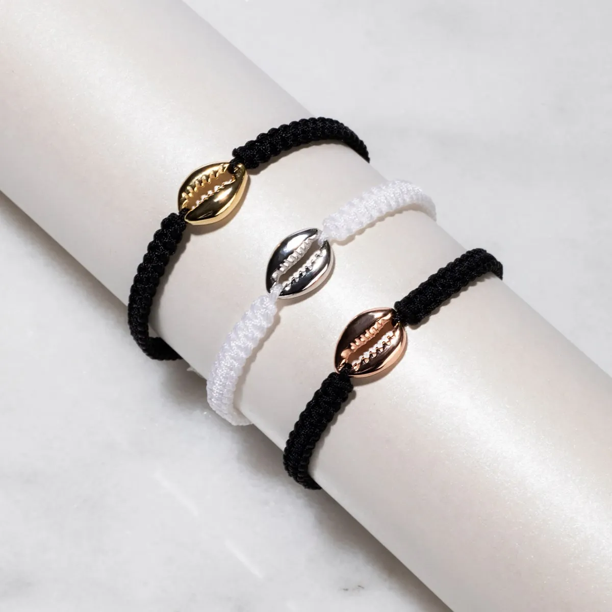 Cowrie Shell Black Macrame Bracelet | .925 Sterling Silver Gold Vermeil