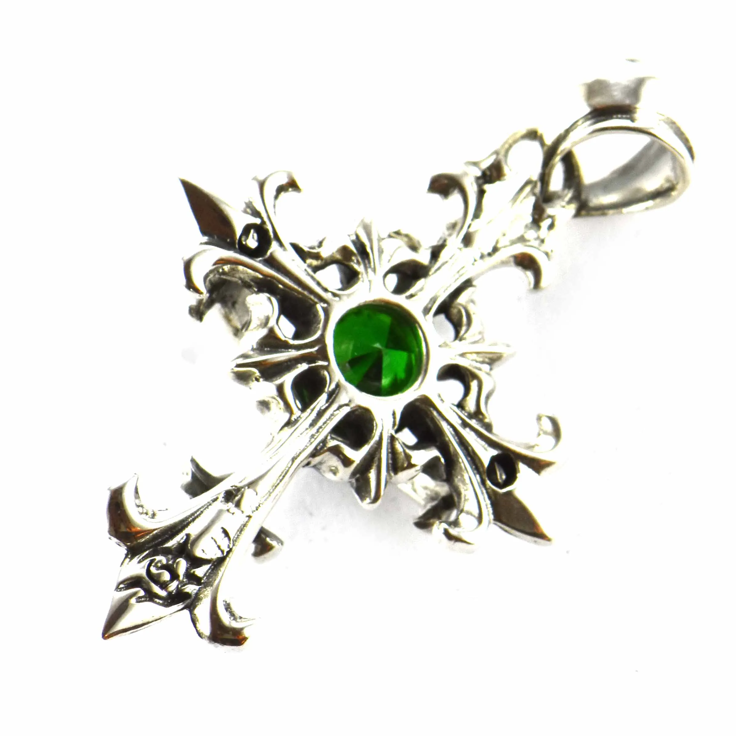 Double cross silver pendant with green CZ