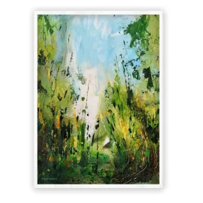 Framed vertical blue & green abstract floral wall art print