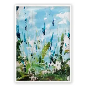 Framed vertical blue & green abstract floral wall art print