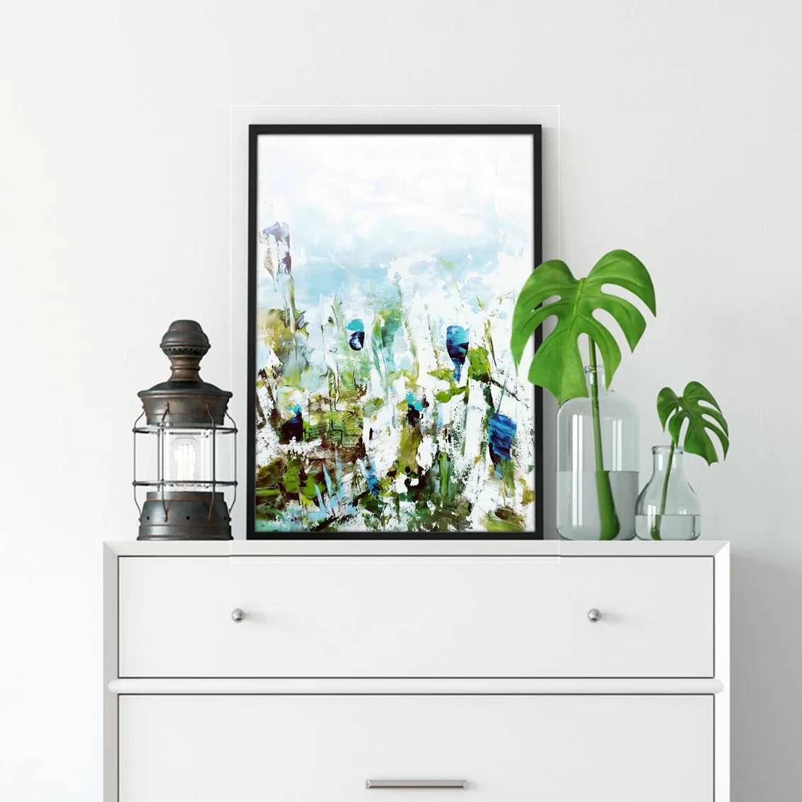 Framed vertical blue & green abstract floral wall art print