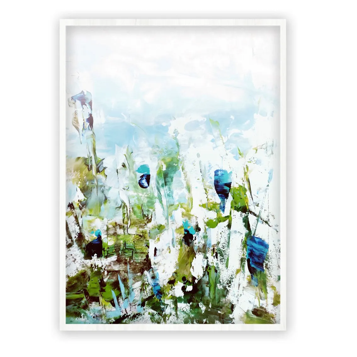 Framed vertical blue & green abstract floral wall art print