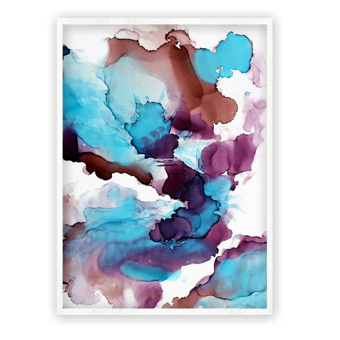 Framed vertical blue, purple & brown abstract alcohol ink art print