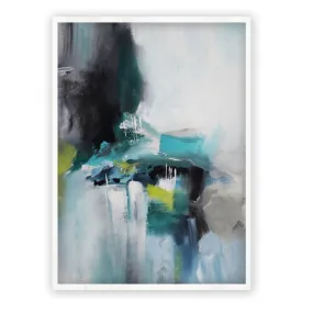 Framed vertical neutral, teal & lime green abstract wall art print