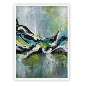 Framed vertical neutral, teal & lime green abstract wall art print