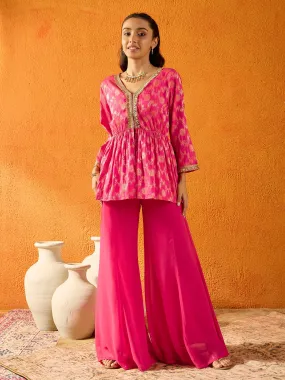 Girls Fuchsia Brocade V- Neck Peplum Top With Palazzos