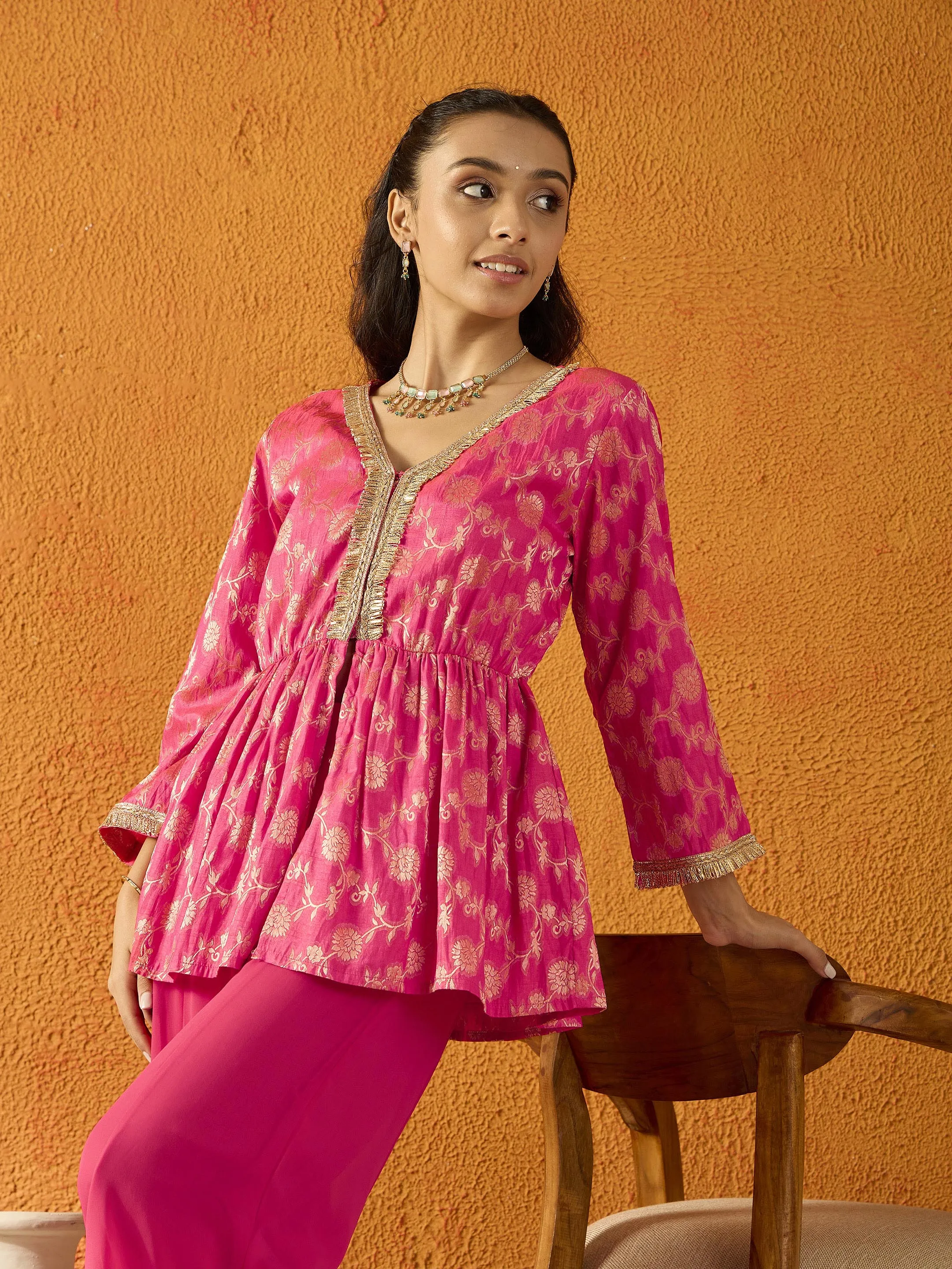 Girls Fuchsia Brocade V- Neck Peplum Top With Palazzos