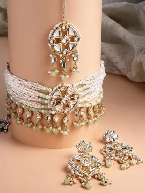 Gold-plated Light Green Beads Kundan Studded Jewellery Set