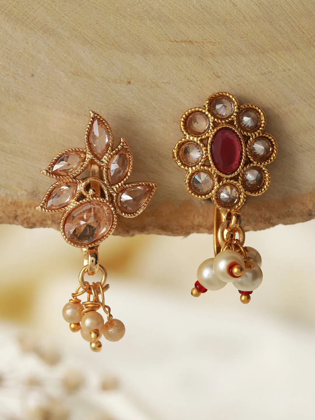 Gold-Plated Red & White Kundan Studded Nose Pin