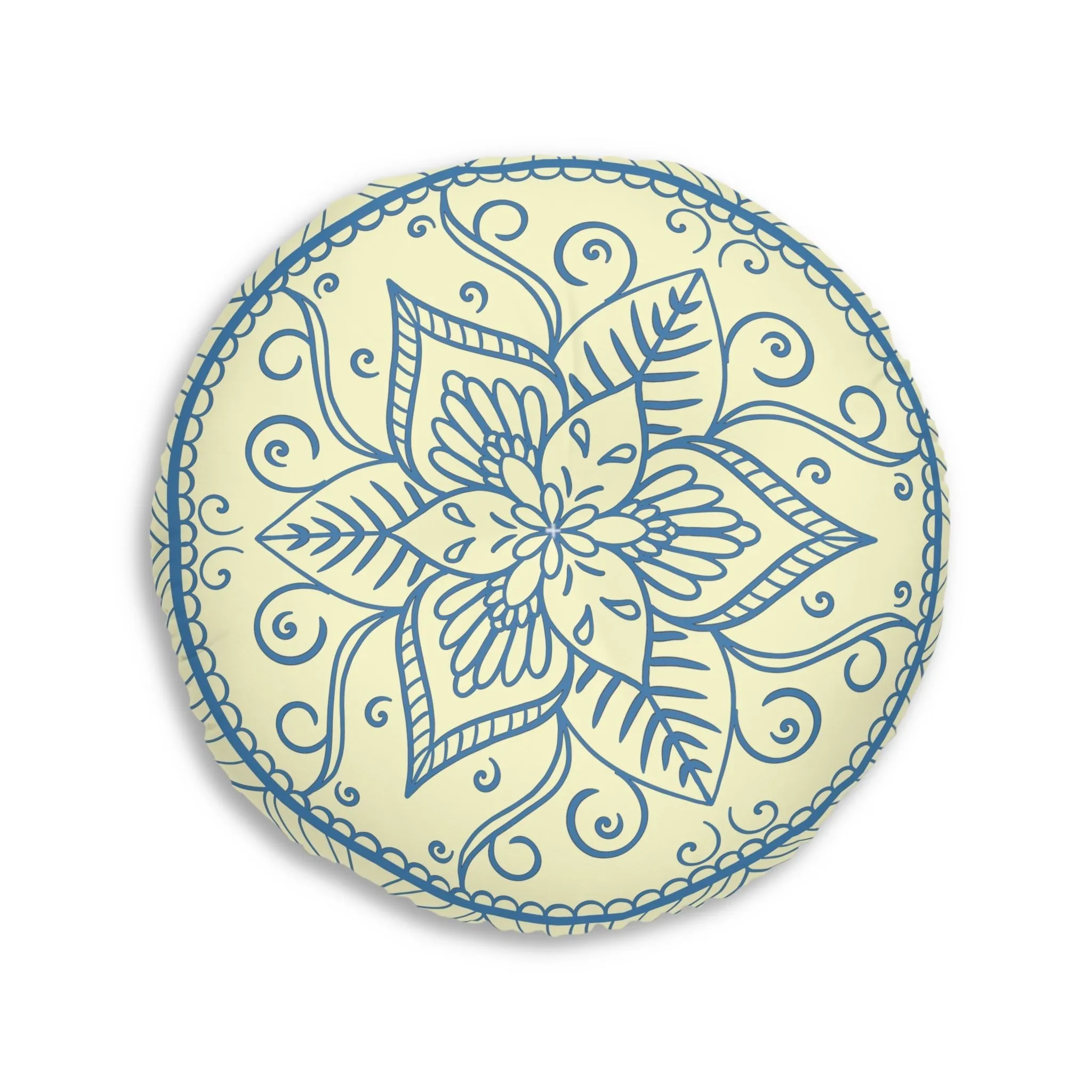 Handmade Mandala Art Steel Blue on Cream Round Floor Cushion