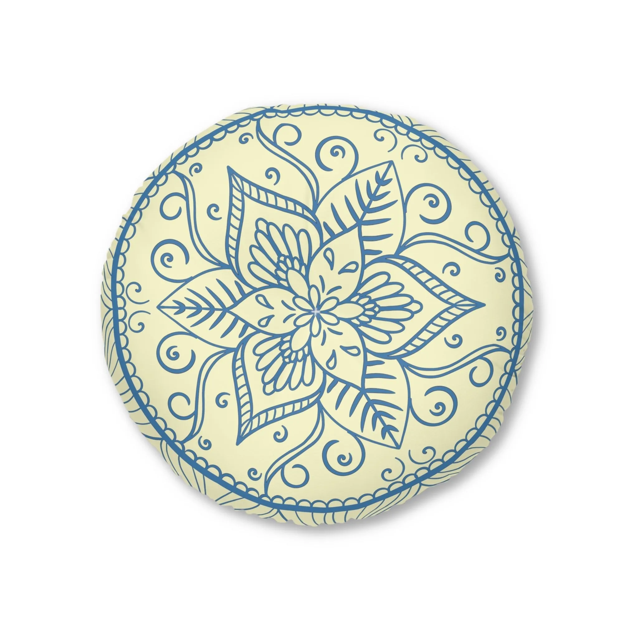 Handmade Mandala Art Steel Blue on Cream Round Floor Cushion