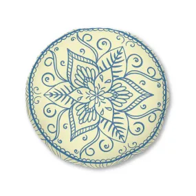 Handmade Mandala Art Steel Blue on Cream Round Floor Cushion