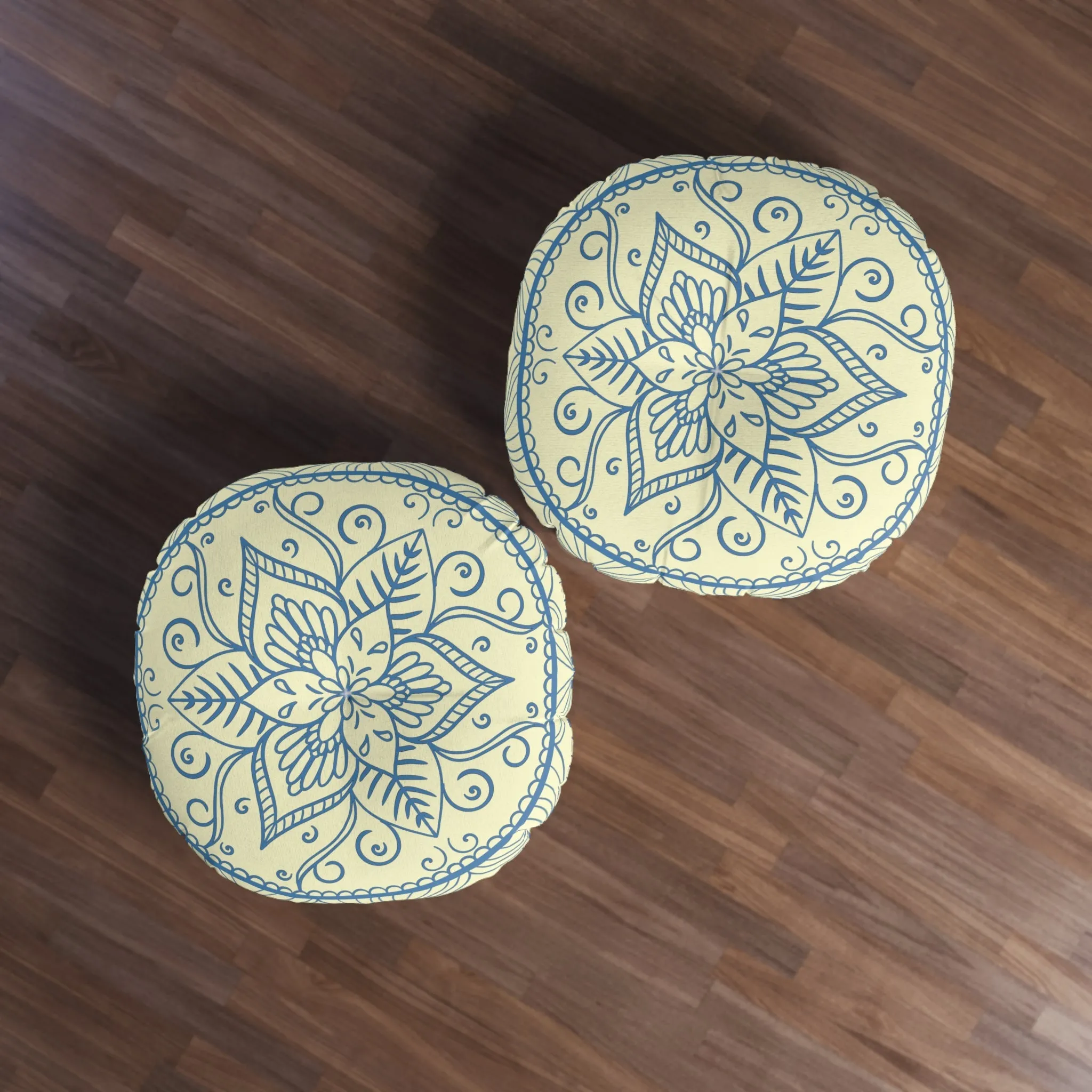 Handmade Mandala Art Steel Blue on Cream Round Floor Cushion