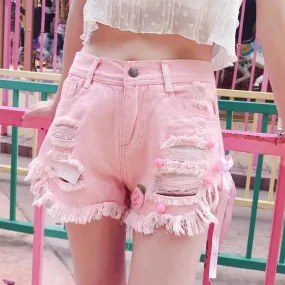 High-Waisted Denim Shorts With Distressed Look