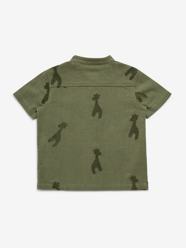 HOP Kids Olive Animal Embroidered Cotton Shirt