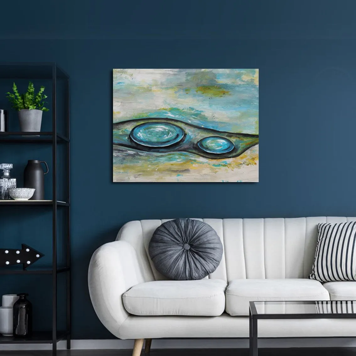 Horizontal neutral & blue abstract wall art print