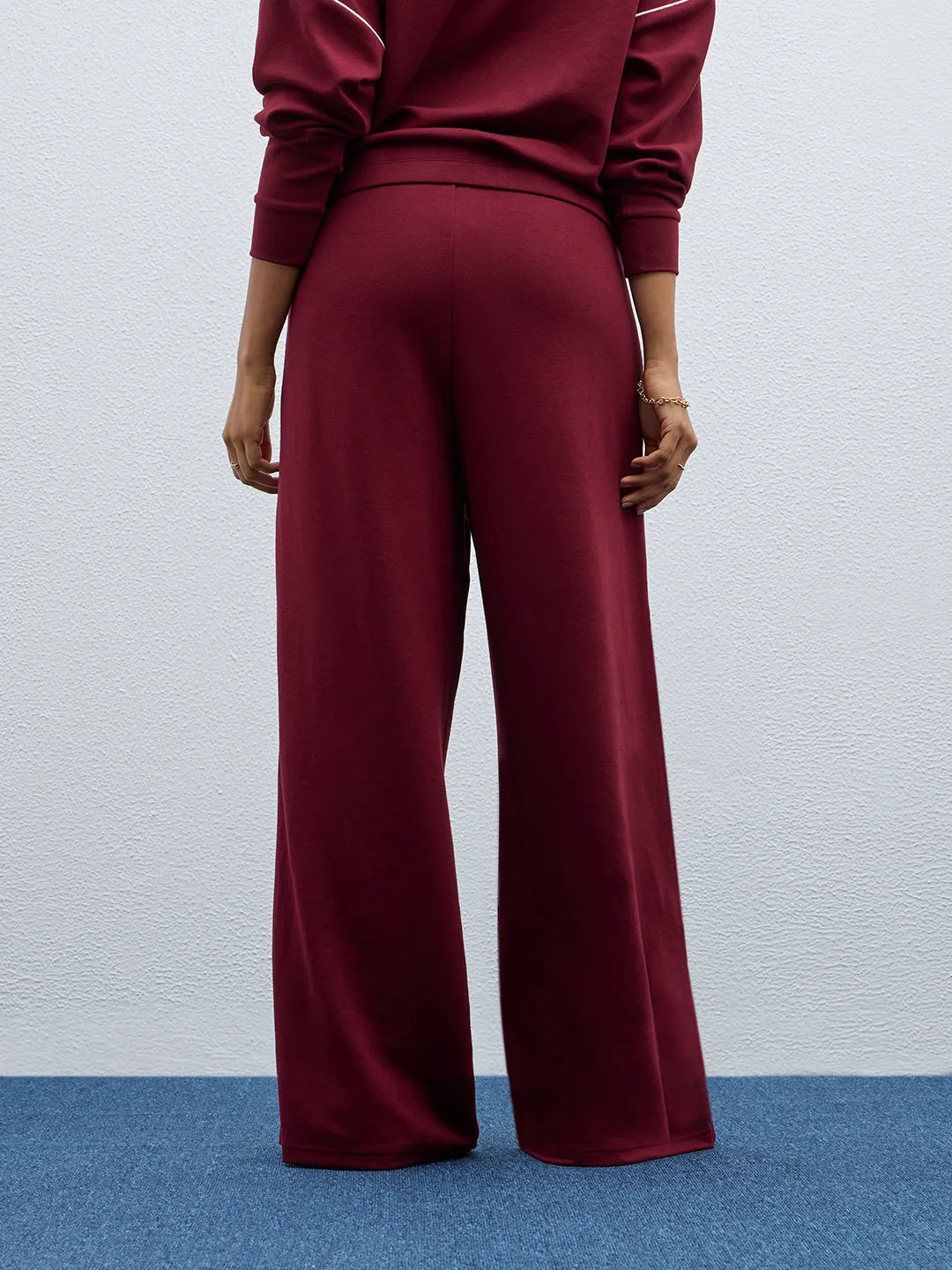 LOV Burgundy Solid High-Rise Cotton Blend Pants