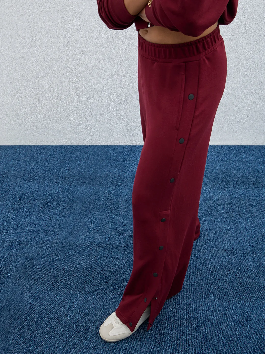 LOV Burgundy Solid High-Rise Cotton Blend Pants