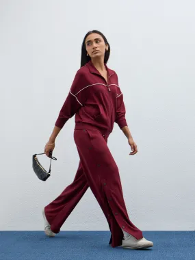 LOV Burgundy Solid High-Rise Cotton Blend Pants