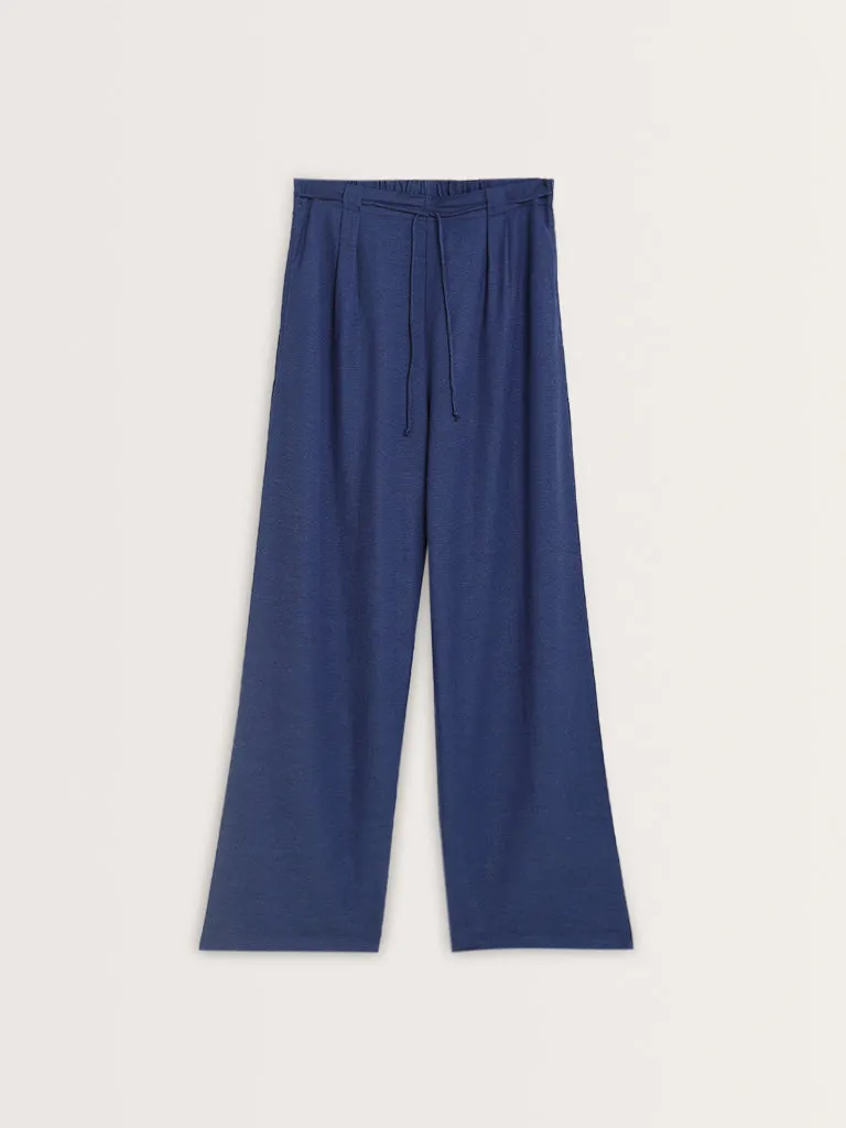 LOV Indigo Flared High-Rise Blended Linen Pants