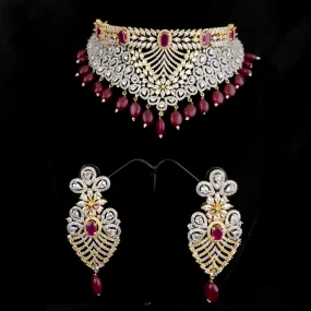 Magnanimous Bridal Heavy Zircon (CZ) Stone Choker Necklace Set with Ruby Red stones