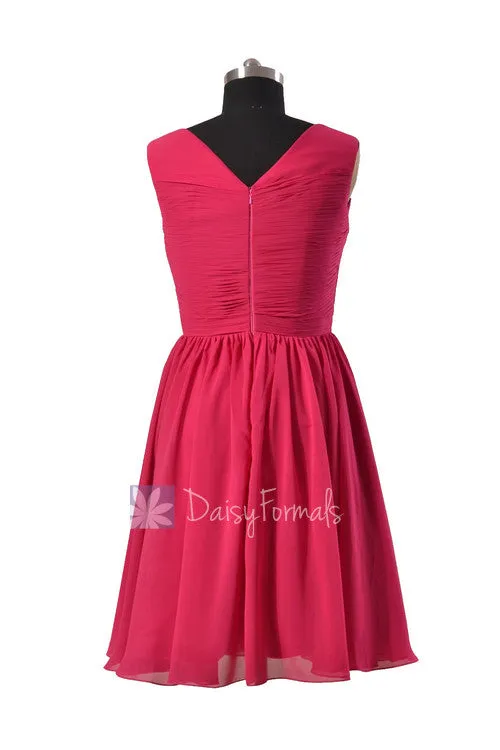 Modest Knee Length Bridal Party Dress Fuchsia V-Neck Formal Dress(BM5196M)