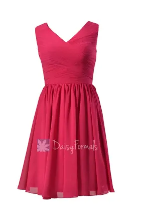 Modest Knee Length Bridal Party Dress Fuchsia V-Neck Formal Dress(BM5196M)