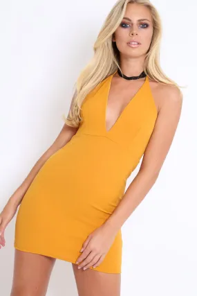 Mustard V Plunge Halterneck Mini Dress - Kara