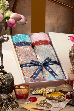 Pashtush His and Her Set of Bamboo Stoles, with Premium Gift Box Packaging, Woven Design, Soft Blue and Pink