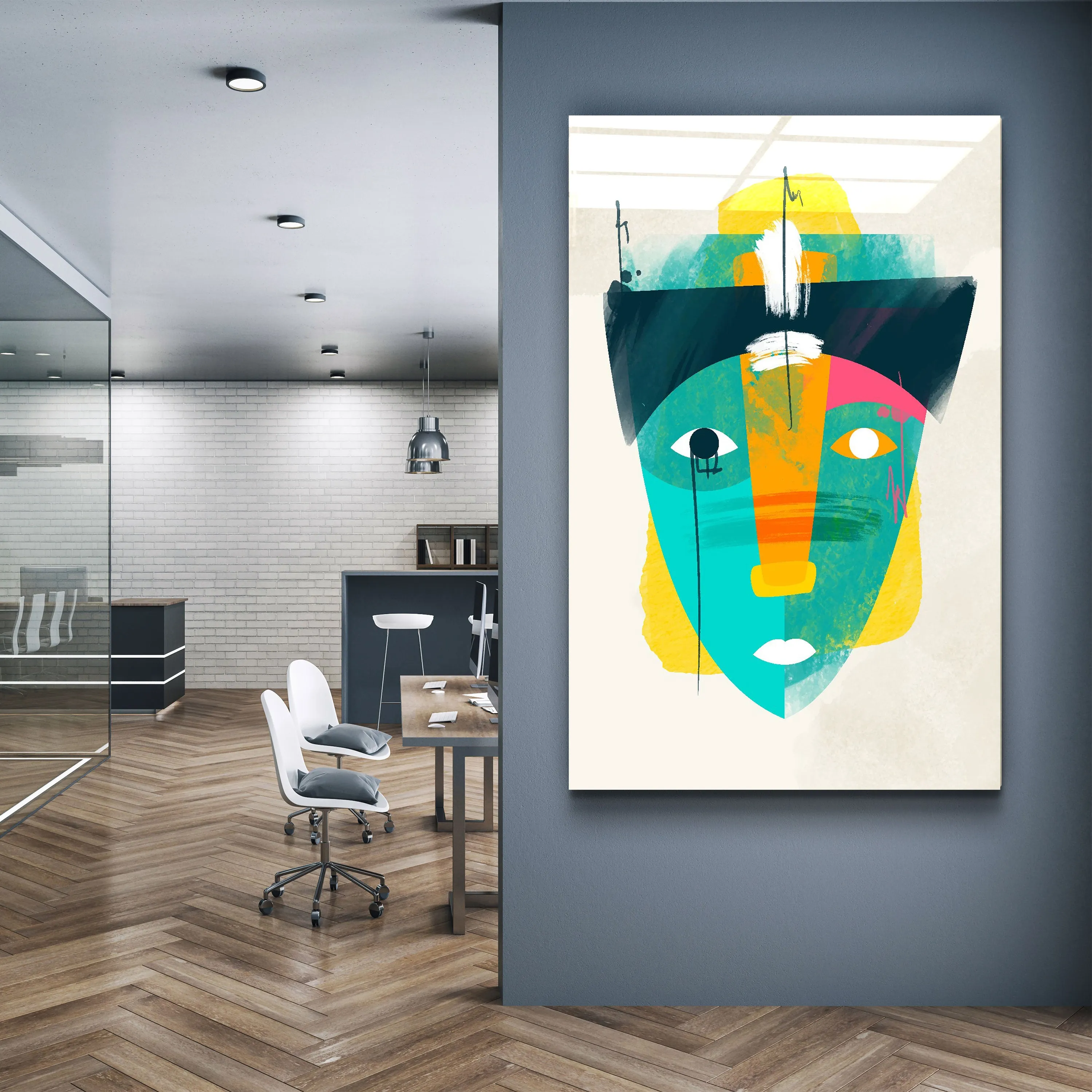 ・"Abstract Colorful Face V2"・Glass Wall Art