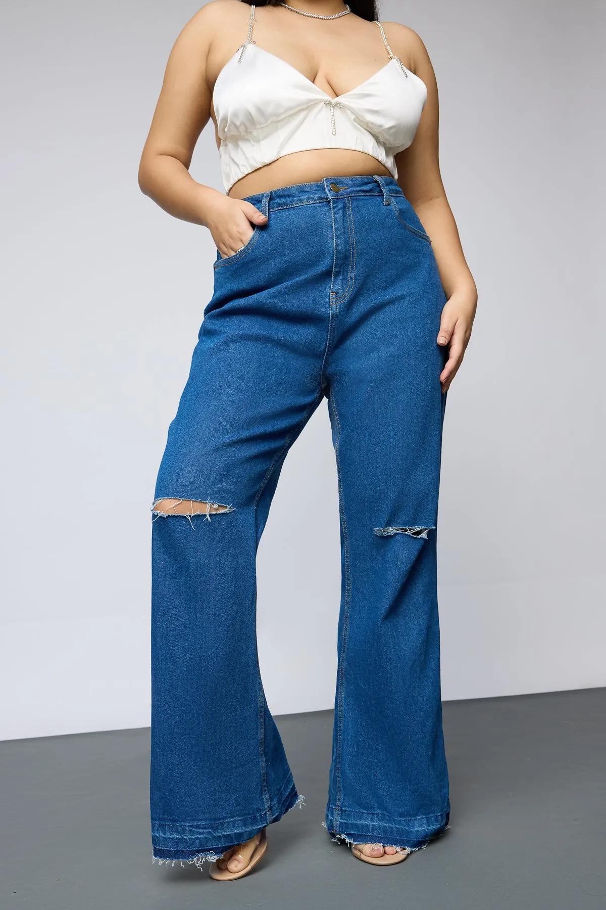 Retro Revival Distressed Curve Bootcut Jeans