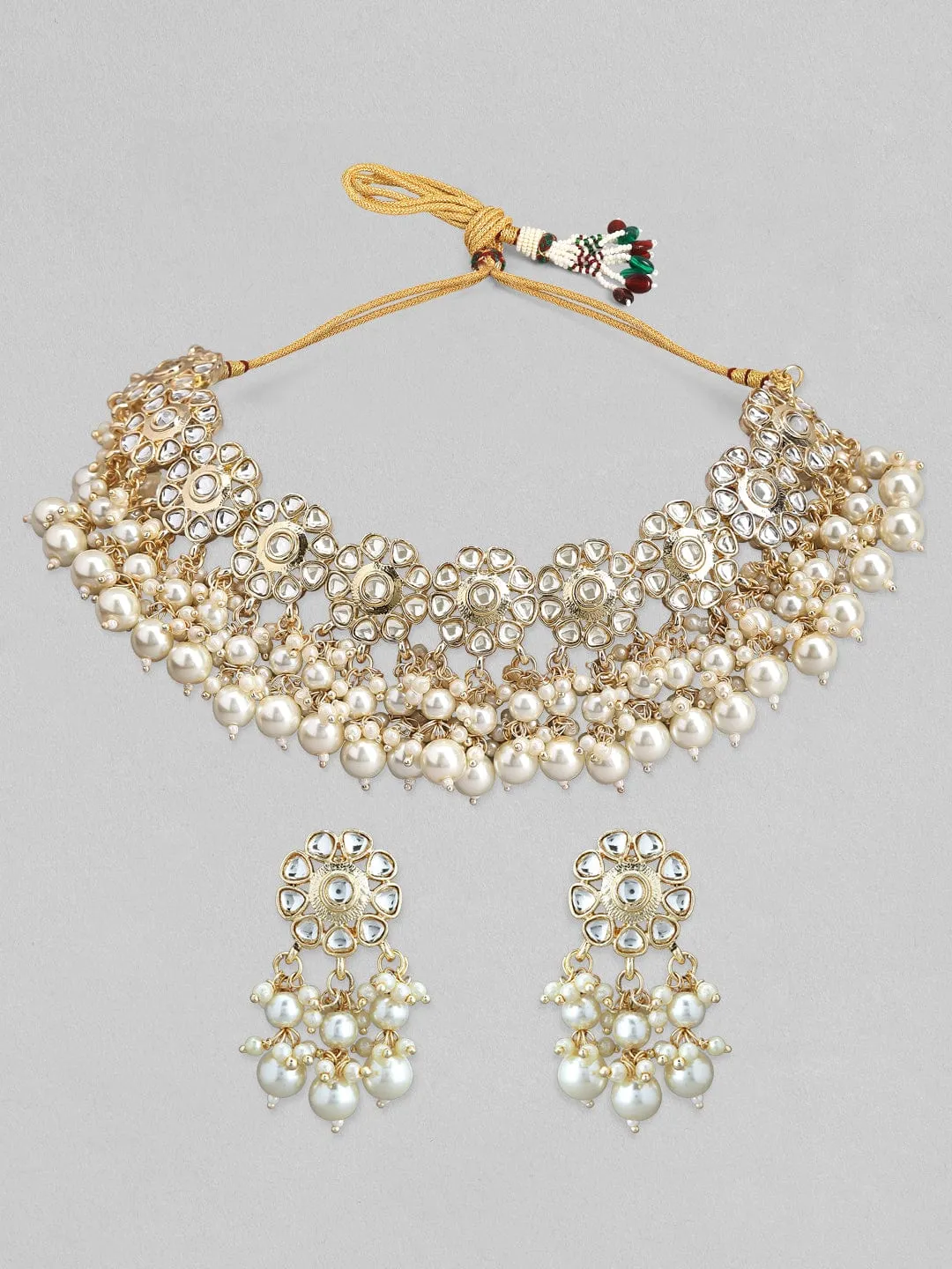 Ritu Singh in Rubans Gold Plated Handcrafted White Beads Kundan Necklace Set