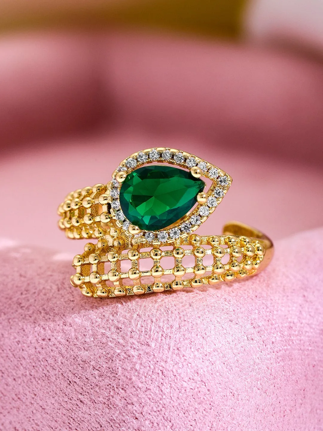 Rubans 18K Gold Plated Emerald Green & Cubic Zirconia Studded Adjustable Finger Ring