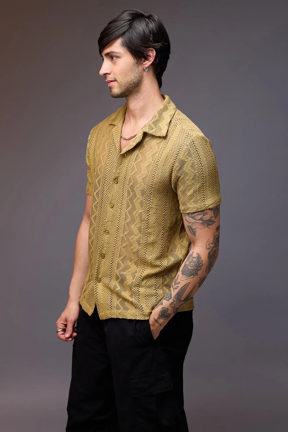 Textured Crochet Men's Shirt- Khaki