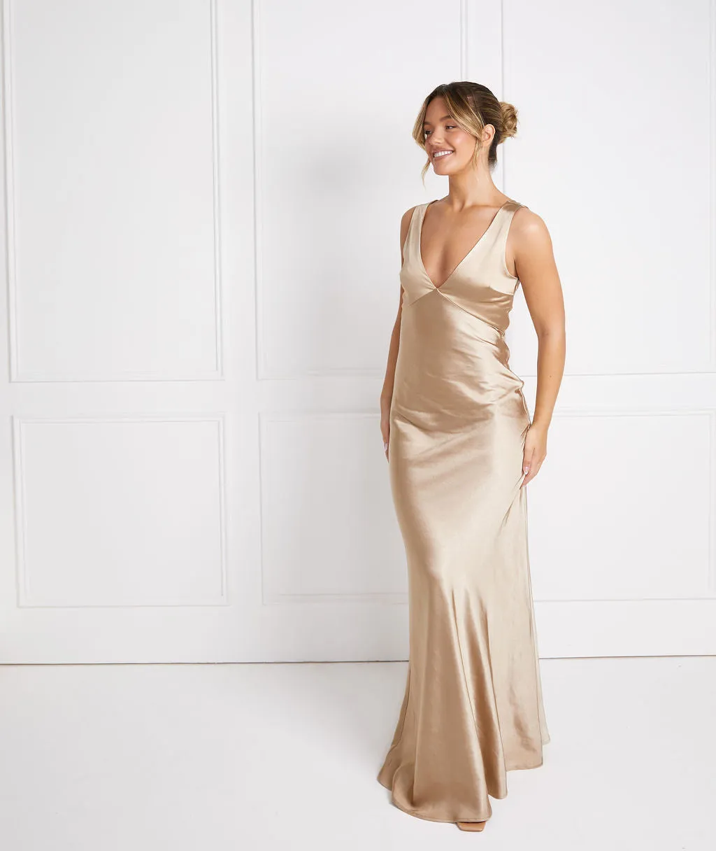 Twist Back Satin Bridesmaid Dress - Champagne