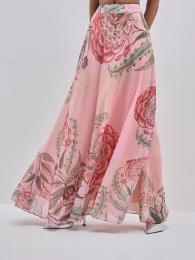 Vark Peach Botanical Printed-Fit and Flare High-Rise Skirt