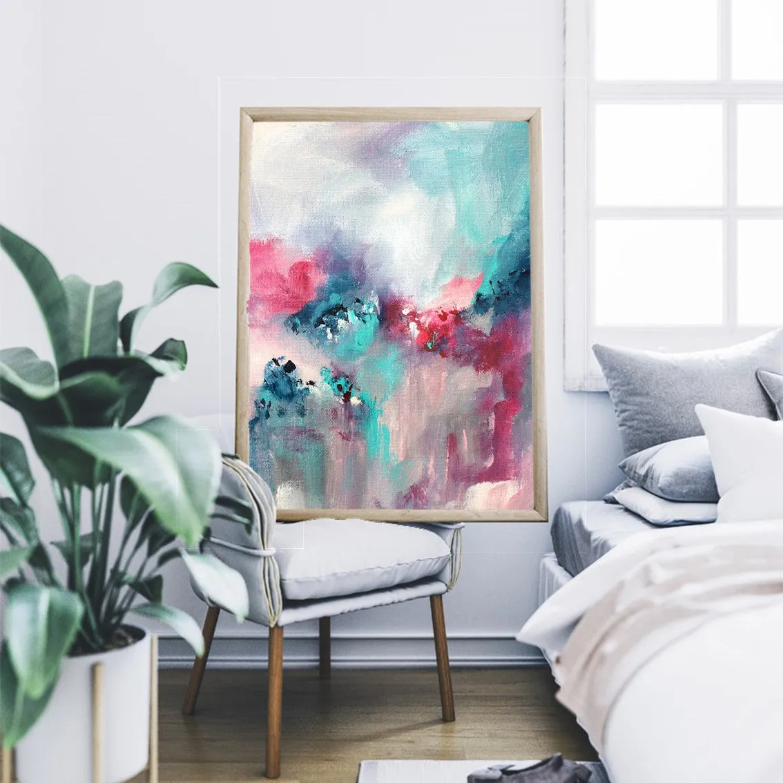 Vertical pink & teal abstract wall art print