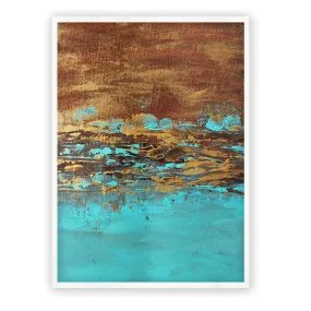 Vertical teal blue & gold abstract wall art print